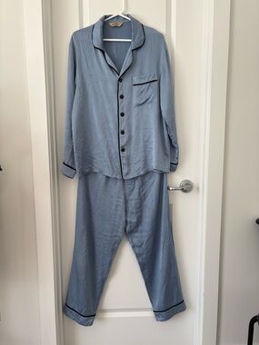 Light Blue Satin Pajama Set with Black Piping - 100% mulberry silk